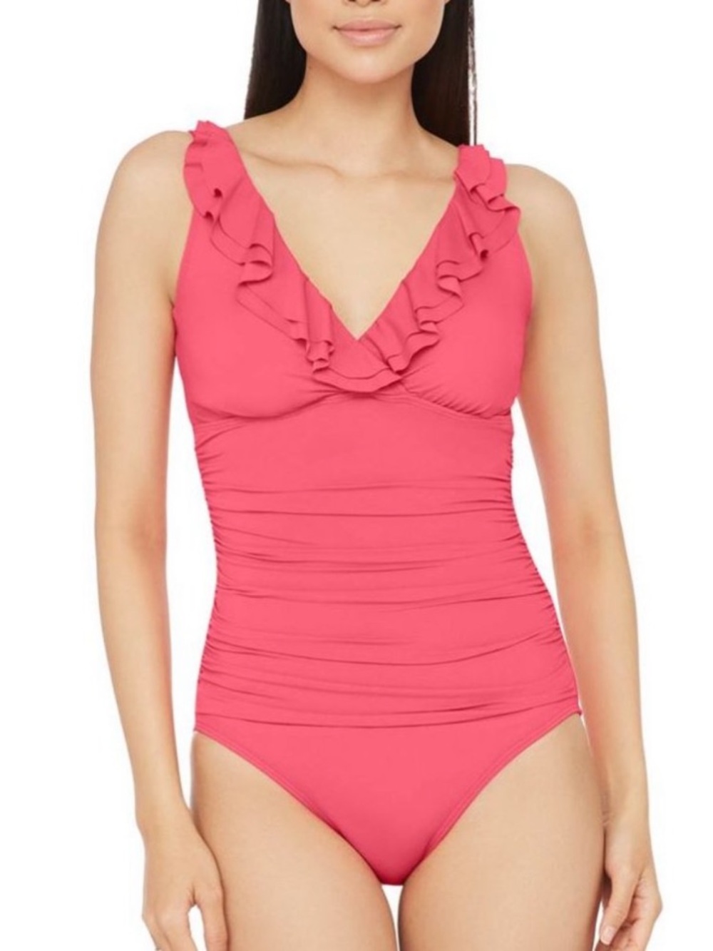 Lauren Ralph Lauren Coral Pink Ruffle V-Neck One-Piece Swimsuit